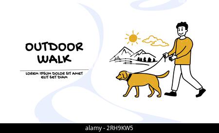 Vettore di un giovane felice che cammina all'aperto con il suo cane Illustrazione Vettoriale