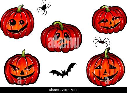 Una collezione di zucche con diverse espressioni facciali per Halloween.ragni e mazza. Jack o'lantern con testa di zucca in stile spettrale Illustrazione Vettoriale