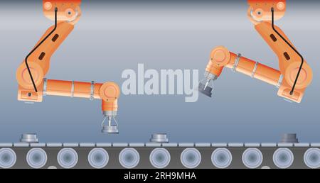 Composizione realistica del braccio manipolatore robotizzato con vista frontale della linea industriale in movimento e illustrazione vettoriale dei manipolatori robotici di assemblaggio Illustrazione Vettoriale