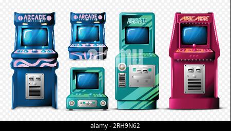 Realistico gioco arcade ambientato su sfondo trasparente con macchine di gioco rétro isolate con varie illustrazioni vettoriali di design Illustrazione Vettoriale