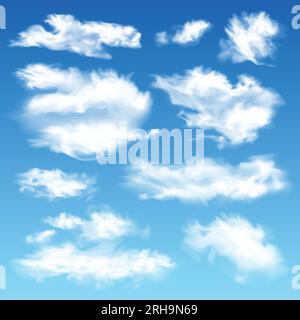 Cielo nuvoloso realistico impostato con cielo blu sfondo sfumato e nuvole bianche isolate di varie forme di illustrazione vettoriale Illustrazione Vettoriale