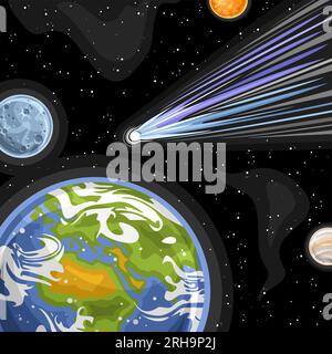 Illustrazione vettoriale di Falling Comet, poster astronomico quadrato con disegno a cartoni animati che riprende la cometa di ghiaccio blu in terra e luna, futuristica decorativa Illustrazione Vettoriale