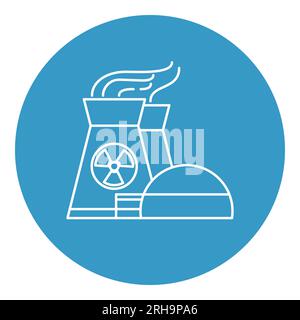 Icona della centrale nucleare in linea sottile. Simbolo della fonte di energia non rinnovabile in cornice rotonda. Illustrazione Vettoriale