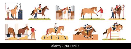 Cavalli e persone insieme piatto di animali equestri lavoratori stabili isolarono l'illustrazione vettoriale Illustrazione Vettoriale