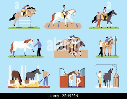 Cavalli e fantini professionisti che partecipano alla competizione sull'hippodrome, insieme di colori piatti, illustrazione vettoriale isolata Illustrazione Vettoriale