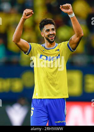 Cadice, Spagna. 14 agosto 2023. Chris Ramos di Cadice durante la partita di la Liga tra Cadiz CF e Deportivo Alaves ha giocato al Nuevo Mirandilla Stadium il 14 agosto a Cadice, in Spagna. (Foto di Antonio Pozo/PRESSINPHOTO) crediti: PRESSINPHOTO SPORTS AGENCY/Alamy Live News Foto Stock