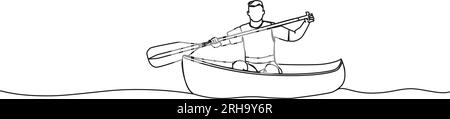 disegno continuo a riga singola dell'uomo in canoa sul lago o sul fiume, illustrazione vettoriale con linee di canottaggio Illustrazione Vettoriale