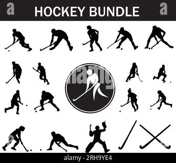 Pacchetto con silhouette da hockey | Collezione di giocatori di hockey con logo e attrezzatura da hockey Illustrazione Vettoriale