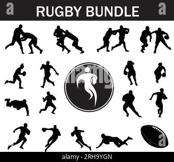Pacchetto con silhouette di rugby | Collezione di giocatori di rugby con logo e attrezzatura da rugby Illustrazione Vettoriale