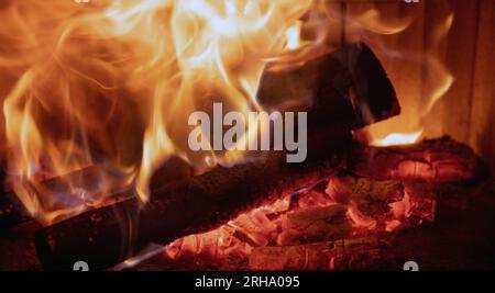 Fiamme libere e tronchi di legno, caminetto da vicino, casa calda in inverno, vista frontale Foto Stock