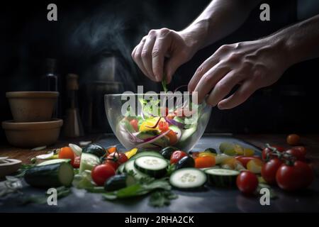 Man Hands prepara insalata di verdure fresche colorate su tavolo da cucina, con verdure biologiche. Primo piano Foto Stock