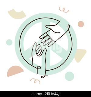 Le mani delle persone si avvicinano e simbolo di pace. Concetto di aiuto sociale, cooperazione, non violenza, niente guerra. Tappeto moderno dal profilo piatto Illustrazione Vettoriale