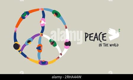 Gruppi di persone variopinte che si tengono per mano in un grande cerchio rotondo formano il simbolo della pace e dell'amore. Illustrazione banner vettoriale con grafica piatta per cel Illustrazione Vettoriale