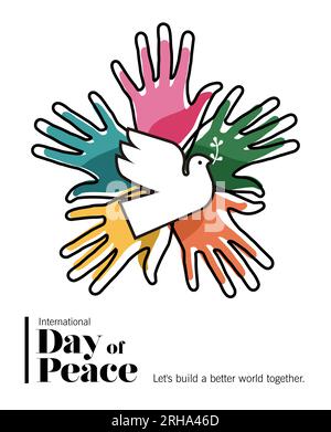 Giornata internazionale della pace illustrazione di carte vettoriali di persone colorate mani insieme a un animale da colomba bianco. Design grafico da celebrare Illustrazione Vettoriale