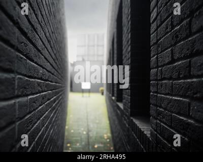 Cortile interno del Gdański Teatr Szekspirowski (Teatro Shakespeare di Gdańsk). Passaggio stretto tra le pareti Foto Stock