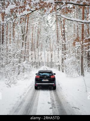 Vista posteriore della Peugeot 3008 nella foresta innevata. Incrocio in SUV nero su una strada stretta attraverso la foresta invernale, circondata da pini e shurbs Foto Stock