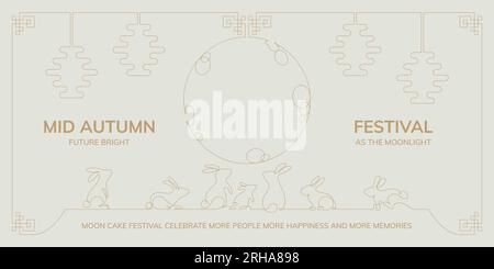 la famiglia happy rabbits festeggia metà autunno e il festival chuseok sul tetto in stile orientale disegno a una linea con luna piena e lanterne decorate per banne Illustrazione Vettoriale