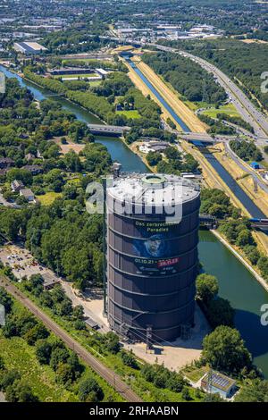 Vista aerea, centro commerciale Westfield Centro, Neue Mitte, Gasometer con mostra The fragile Paradise, Borbeck, Oberhausen, area della Ruhr, Reno settentrionale Foto Stock