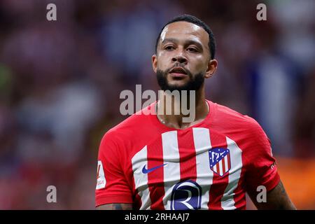 Madrid, Spagna. 14 agosto 2023. Memphis Depay dell'Atletico de Madrid durante la partita di la Liga tra l'Atletico de Madrid e il Granada CF giocata al Civitas Metropolitano Stadium il 14 agosto a Madrid, in Spagna. (Foto di Cesar Cebolla/PRESSINPHOTO) crediti: PRESSINPHOTO SPORTS AGENCY/Alamy Live News Foto Stock