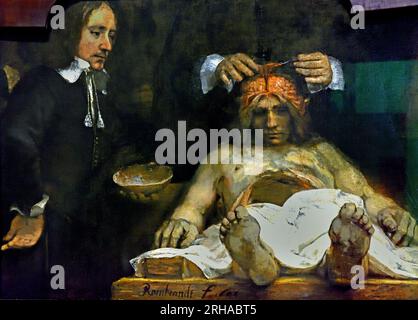 Lezione di anatomia del dr Jan Deijman ( frammento ) 1656 Rembrandt Harmenz van Rijn 1606 - 1669 Dutch, Netherlands, Holland. (Dettaglio) la seconda lezione di anatomia di Rembrandt è un frammento di un ritratto di gruppo. Nel 1723 la maggior parte della tela fu distrutta da un incendio. La sezione centrale rimanente mostra il dottor Jan Deijman che esegue un'autopsia sul cervello di un uomo morto. L'assistente tiene la parte superiore del cranio. Rembrandt ha presentato l'uomo morto in uno scorcio in modo che il tavolo di dissezione sembri sporgere fuori dal quadro. Foto Stock