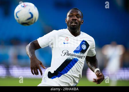 Marcus Thuram dell'FC Internazionale in azione durante l'amichevole partita di calcio tra l'FC Internazionale e il KF Egnatia. Foto Stock