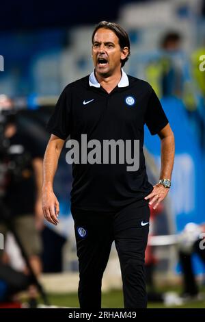 Simone Inzaghi, capo-allenatore dell'FC internazionale, reagisce durante l'amichevole partita di calcio tra FC Internazionale e KF Egnatia. Foto Stock