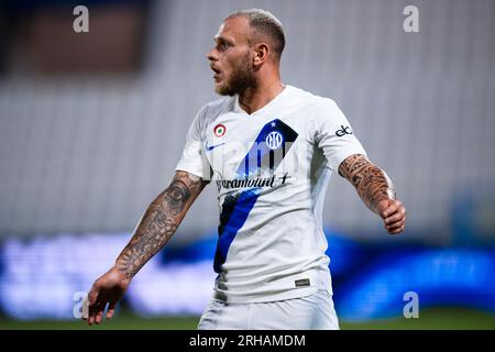 Federico Dimarco dell'FC Internazionale reagisce durante l'amichevole partita di calcio tra FC Internazionale e KF Egnatia. Foto Stock