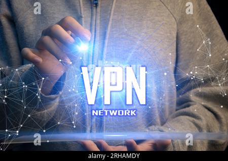 Concetti rete privata virtuale, VPN, crittografia dei dati, sostituzione IP Foto Stock