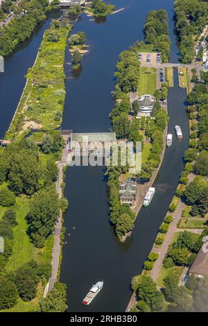 Vista aerea, isola chiusa, centrale idroelettrica di Kahlenberg, chiusa della Ruhr, stazione dell'acqua del ristorante con pontile Weisse flotte, Foto Stock