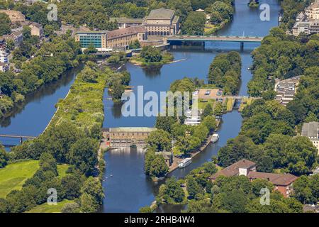 Vista aerea, isola chiusa, centrale idroelettrica di Kahlenberg, chiusa della Ruhr, edificio rotondo della stazione dell'acqua del ristorante con molo Weisse flotte, città vecchia Foto Stock