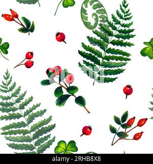 Acquerello modello senza cuciture felce selvatiche e ramificazioni di bacche rosse, mirtillo rosso, mirtillo crespino, rosa. Prato nella foresta naturale. Paesaggio selvaggio. Isolato Foto Stock