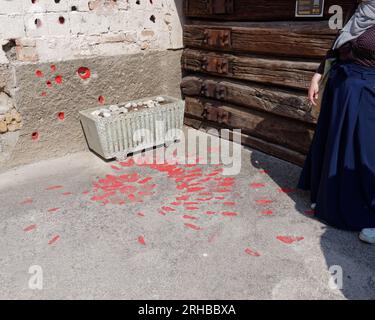 Sarajevo Rose Bosnian War Memorial che segna un luogo in cui le persone morirono per un incendio di mortai. Sarajevo, Bosnia ed Erzegovina, 15 agosto 2023. Foto Stock