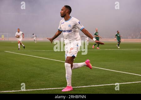 Marsiglia, 15 agosto 2023. Pierre-Emerick Aubameyang dell'Olympique De Marseille festeggia dopo aver segnato per dare alla squadra un vantaggio di 1-0 durante il secondo turno di qualificazione della UEFA Champions League allo Stade de Marseille, Marsiglia. Il credito fotografico dovrebbe leggere: Jonathan Moscrop/Sportimage Credit: Sportimage Ltd/Alamy Live News Foto Stock