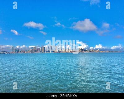 Vista dello skyline della città dall'isola di Yerba Buena, Hilltop Park, San Francisco, California, USA Foto Stock