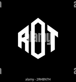 Logo ROT Letter con forma poligonale. Design con logo a forma di cubo e poligono ROT. Modello con logo vettoriale esagonale a ROTAZIONE in bianco e nero. ROT monogr Illustrazione Vettoriale
