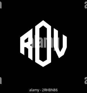 Logo ROV Letter con forma poligonale. Design con logo a forma di cubo e poligono ROV. Modello con logo vettoriale esagonale ROV in bianco e nero. ROV monogr Illustrazione Vettoriale