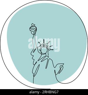 Illustrazione vettoriale a una riga continua della Statua della libertà di colore blu. Illustrazione Vettoriale