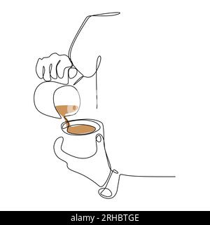I disegni a linee continue versano una tazza di caffè. Illustrazione Vettoriale