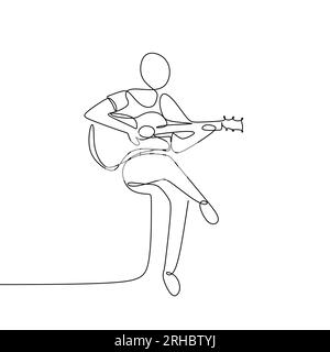 Persona che canta una canzone con chitarra acustica disegno continuo a una linea illustrazione vettoriale design minimalista Illustrazione Vettoriale