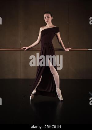 Corpo completo di graziosa ballerina femminile in elegante abito viola e scarpe pointe in piedi in punta di piedi e appoggiati su barre in studio di danza e dall'aspetto estetico Foto Stock