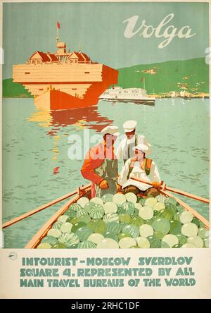 Poster d'epoca di viaggio Intourist sovietico Volga River ft. Barca anguria - anni '1930 Foto Stock