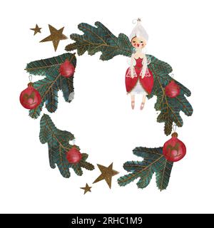 Corona di natale ad acquerello con albero di natale decorato, bambola e stelle. Biglietto di Natale. Giocattolo per bambini. Un regalo di Natale. Illustrazione raster per p Foto Stock