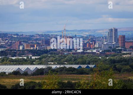 A distant view towards Leeds City Centre which shows Bridgewater Place and a number of developments under construction Stock Photo