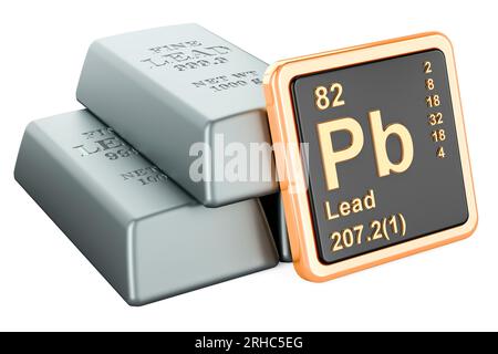 Lingotti di piombo con icona elemento chimico Plumbum Pb, rendering 3D isolato su sfondo bianco Foto Stock