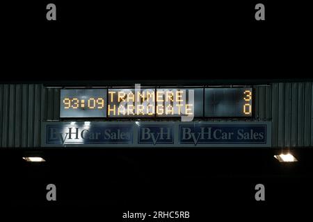 Birkenhead, Regno Unito. 15 agosto 2023. Il tabellone segnapunti di Prenton Park alla fine della partita. EFL Skybet Football League Two Match, Tranmere Rovers contro Harrogate Town a Prenton Park, Birkenhead, Wirral martedì 15 agosto 2023. Questa immagine può essere utilizzata solo per scopi editoriali. Solo per uso editoriale, .pic di Chris Stading/ Credit: Andrew Orchard fotografia sportiva/Alamy Live News Foto Stock