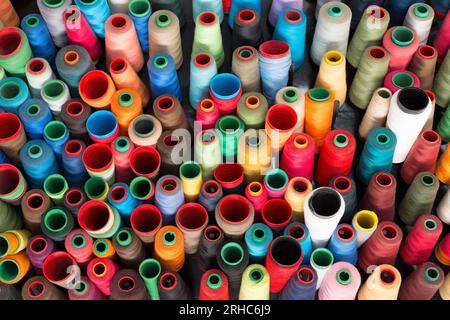 Fili colorati per cucire in un laboratorio di tessitura Foto Stock