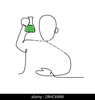 Disegno a linee continuo di una persona dare un'occhiata e vedere la soluzione chimica nell'illustrazione vettoriale del matraccio di erlenmeyer Illustrazione Vettoriale