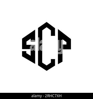 Logo SCP Letter con forma poligonale. Design con logo a forma di cubo e poligono SCP. Modello con logo vettoriale esagonale SCP in bianco e nero. SCP monogr Illustrazione Vettoriale