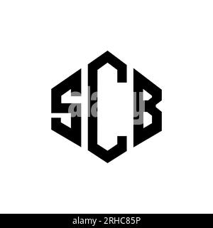 Logo SCB Letter con forma poligonale. Design con logo a forma di cubo e poligono SCB. Modello logo vettoriale esagonale SCB colori bianco e nero. Monogr. SCB Illustrazione Vettoriale