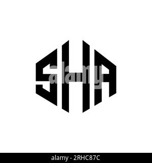 Logo SHA Letter con forma poligonale. Design con logo a forma di cubo e poligono SHA. Modello con logo vettoriale esagonale SHA in bianco e nero. SHA monogr Illustrazione Vettoriale